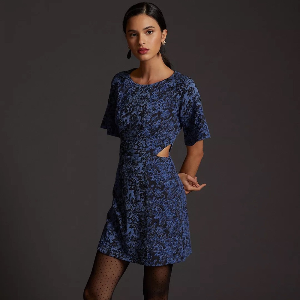 Anthropologie Blue Jacquard Cut-Out Mini Dress Size 4